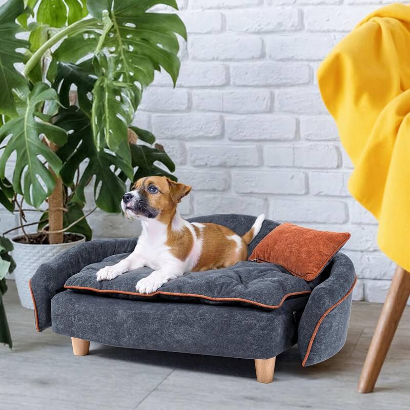 WOWMAX Elevated Small Dog Couch Bed with Bolster Sides, Raised Small Dog Sofa Bed with Headrest Pillow