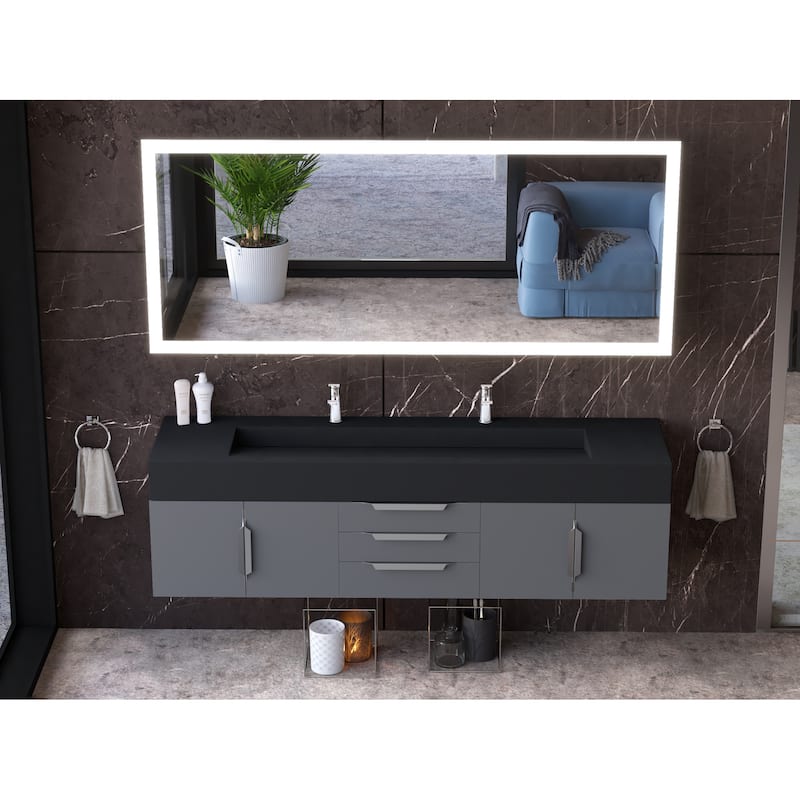 Nile 72" Wall Mounted Bathroom Vanity Set w/ Black Top