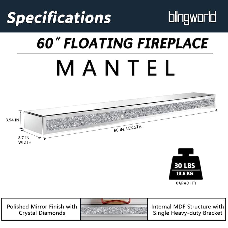 Mirrored Floating Shelf with Crushed Diamond