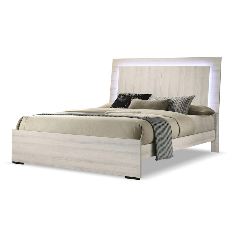 Furniture of America Eltering Contemporary Washed White Panel Bed with LED Lighting