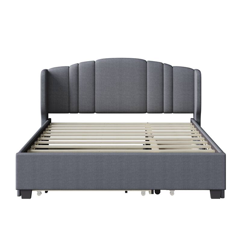 Queen Size Upholstered Bed Frame with Wingback Headboard Trundle and 2 Drawers, Center Support Legs Platform Bed Frame