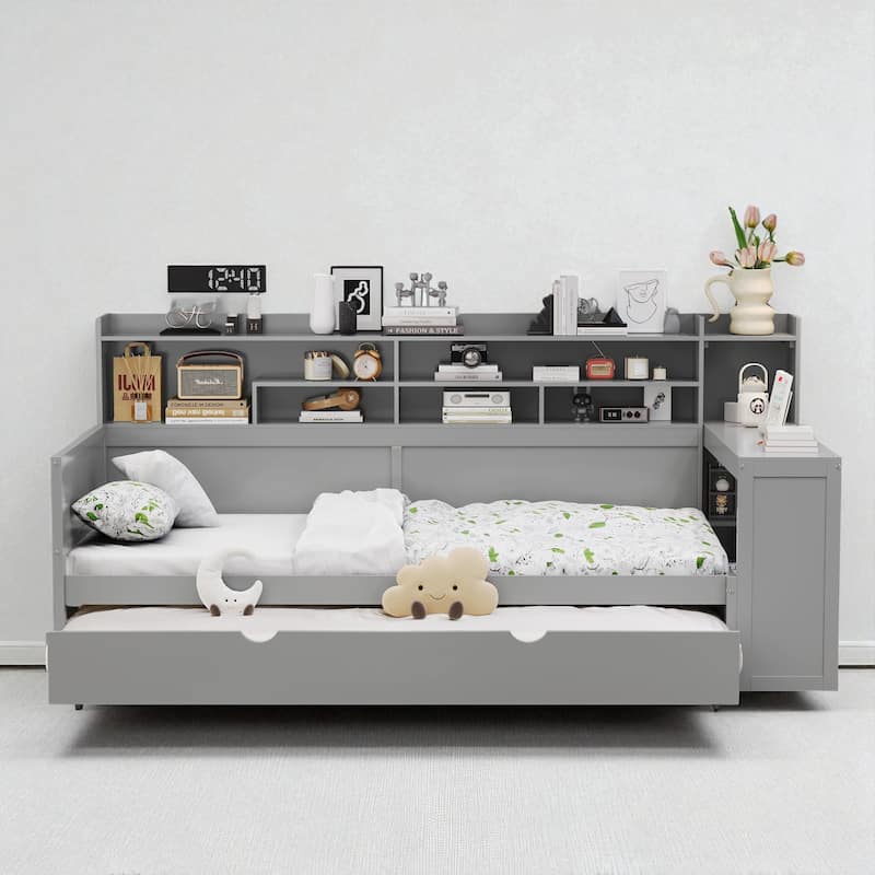 Wooden Twin/Full Daybed with Trundle Bed, Study Desk, and Storage Shelves - Grey - Twin
