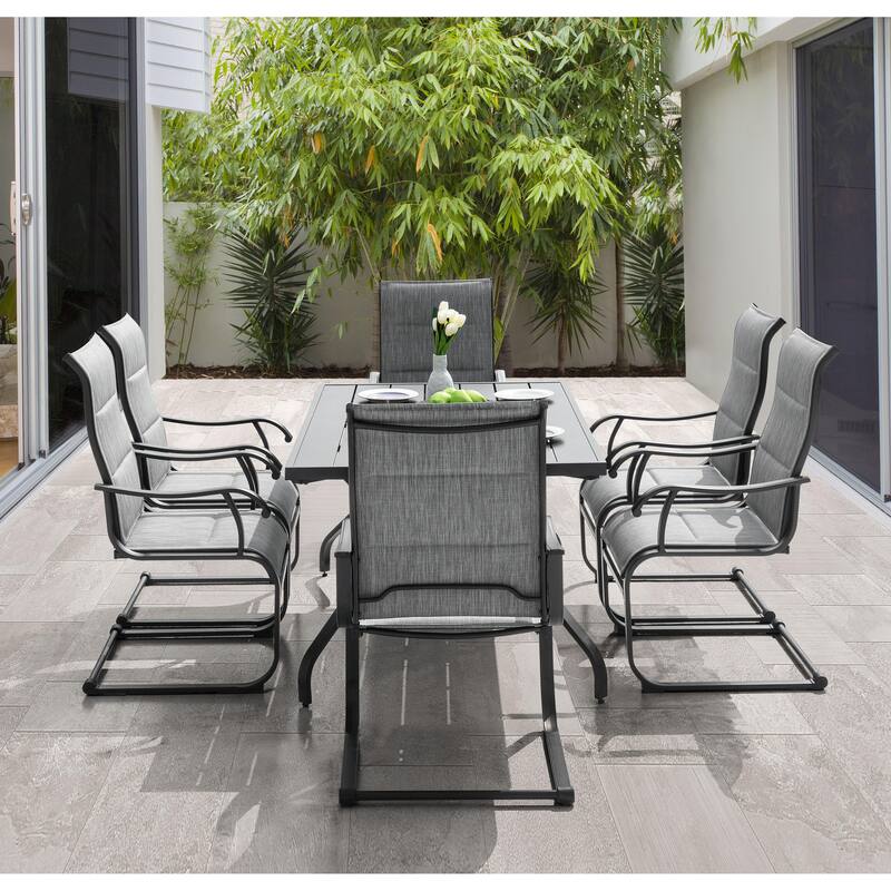 Outdoor Dining Set of 6 with Umbrella Hole, Breathable Textilene and Iron - Grey