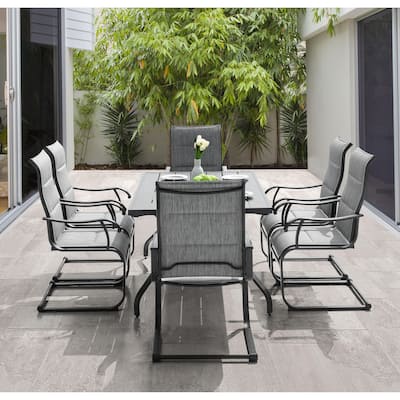 Outdoor Dining Set of 6 with Umbrella Hole, Breathable Textilene and Iron