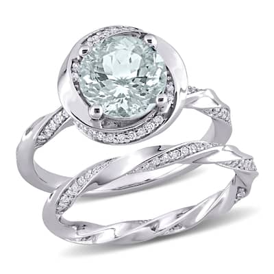 Miadora 10k White Gold Aquamarine and 2/5ct TDW Diamond Halo Swirl Bridal Ring Set