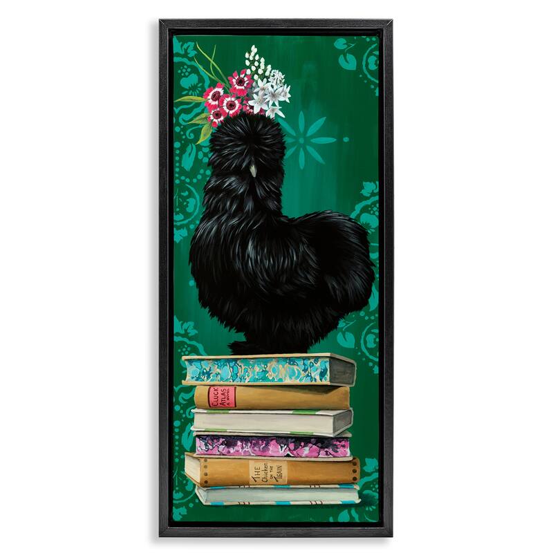 Stupell Country Chicken on Bookstack Framed Floater Canvas Wall Art Design By Heather Gauthier - 11 x 25 - Black