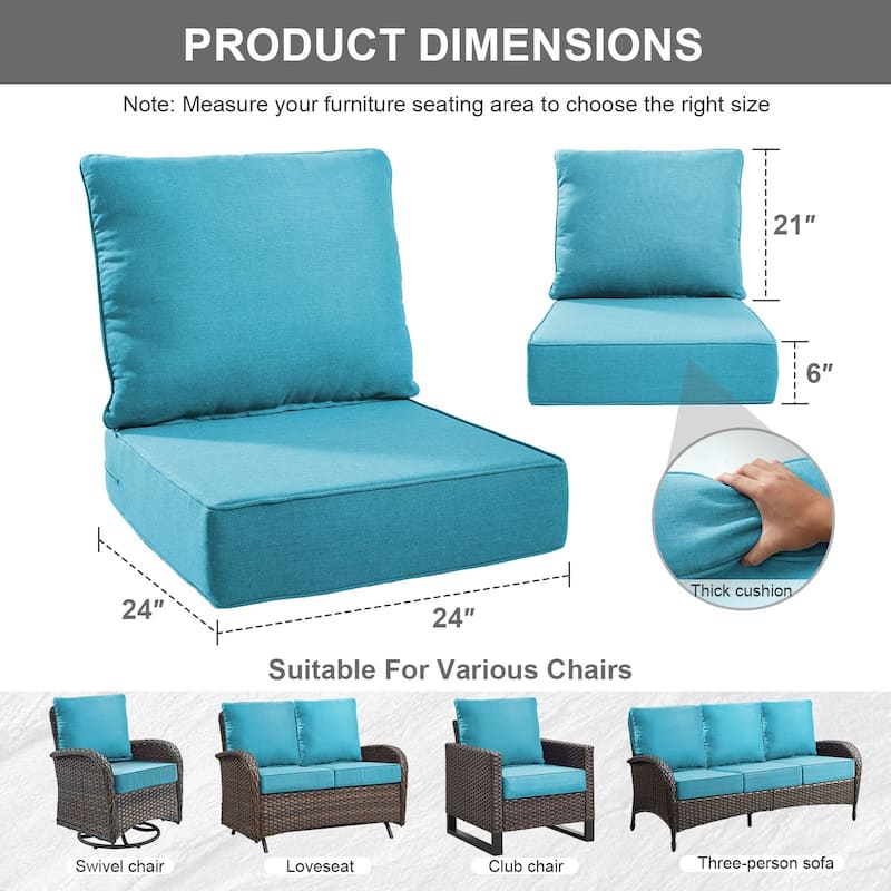 Gymojoy 24"x24"x6" Thick Cushions & Pillows Set - Deep Seat Indoor/Outdoor Water & Fade Resistant