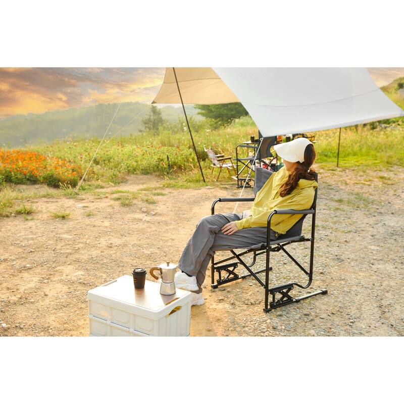 Outdoor Freestyle Rocker Camping Chair Portable Folding Rocking Chair with Armrests, Drink Holder & Comfortable Backrest