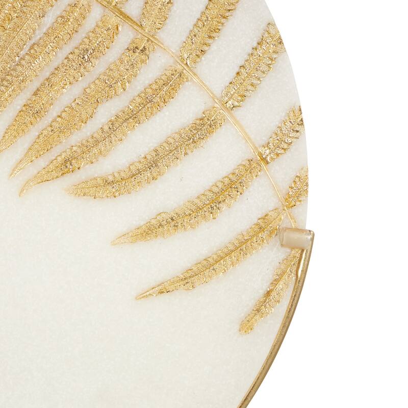 White Polystone Round Disk Leaf Decorative Sculpture with Center Cutout and Gold Base