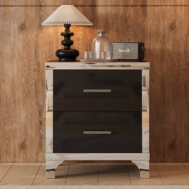 Black High Gloss Nightstand with Mirrored Surface and Two Drawers