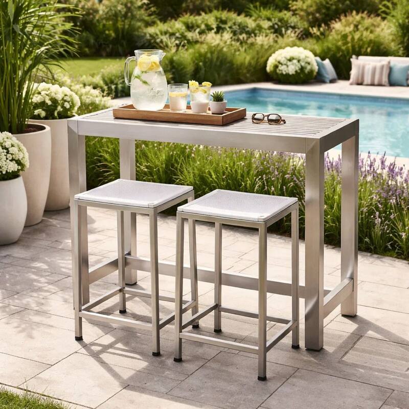 Kylo 59 Inch Outdoor Bar Table, Gray Aluminum Frame, Plank Surface, Large