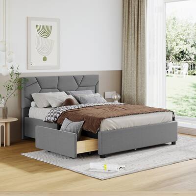 Full Upholstered Platform Bed with Brick Pattern Heardboard&4 Drawers ...