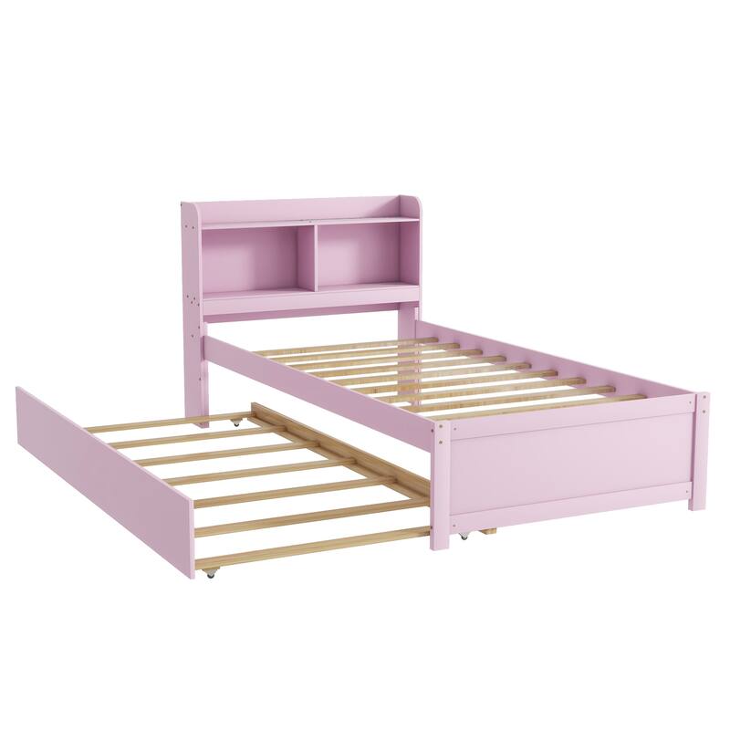 Wood Platform Bed with Trundle Bed, Storage Bed with Bookcase Headboard, Captains Bed, Wood Slat Support, No Box Spring Needed