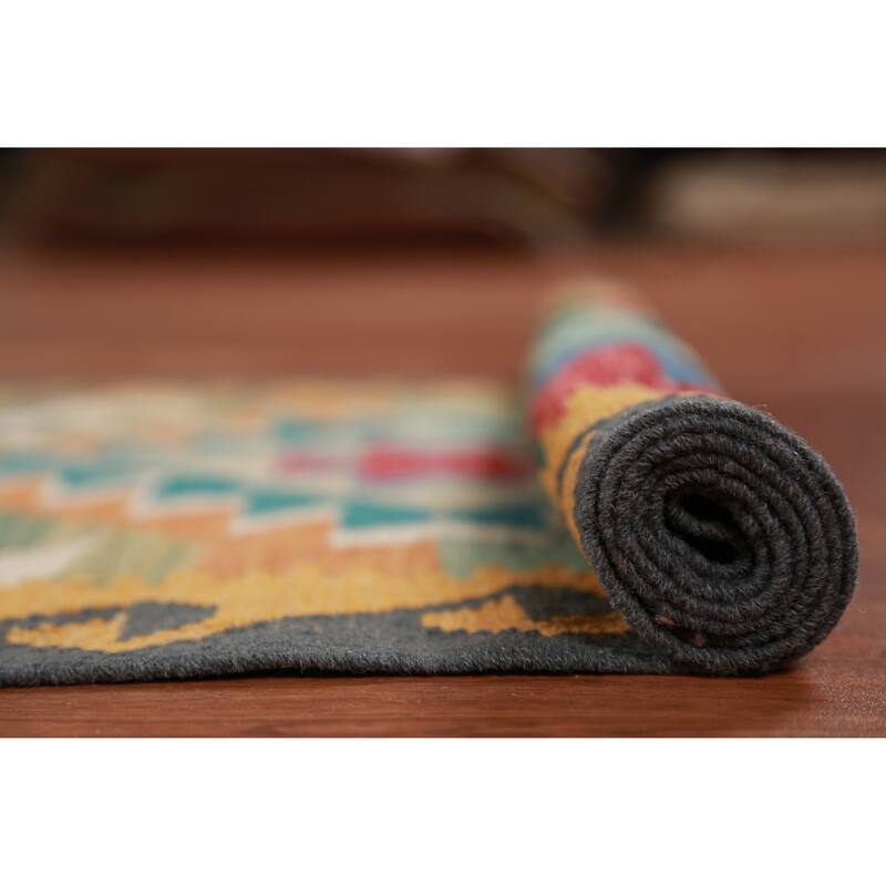 Hand Woven Oriental 100% Wool Carpet Southwestern Geometric Multi-Colored Kilim Runner Rug - 12' 8'' X 2' 9''