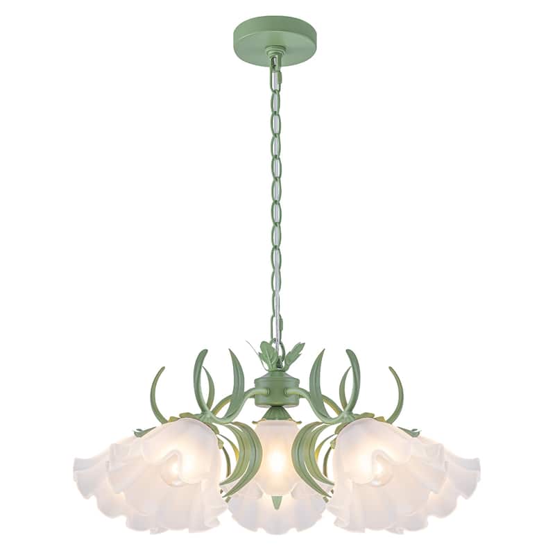 Botanical Green Chandelier with Floral Frosted Glass Shades