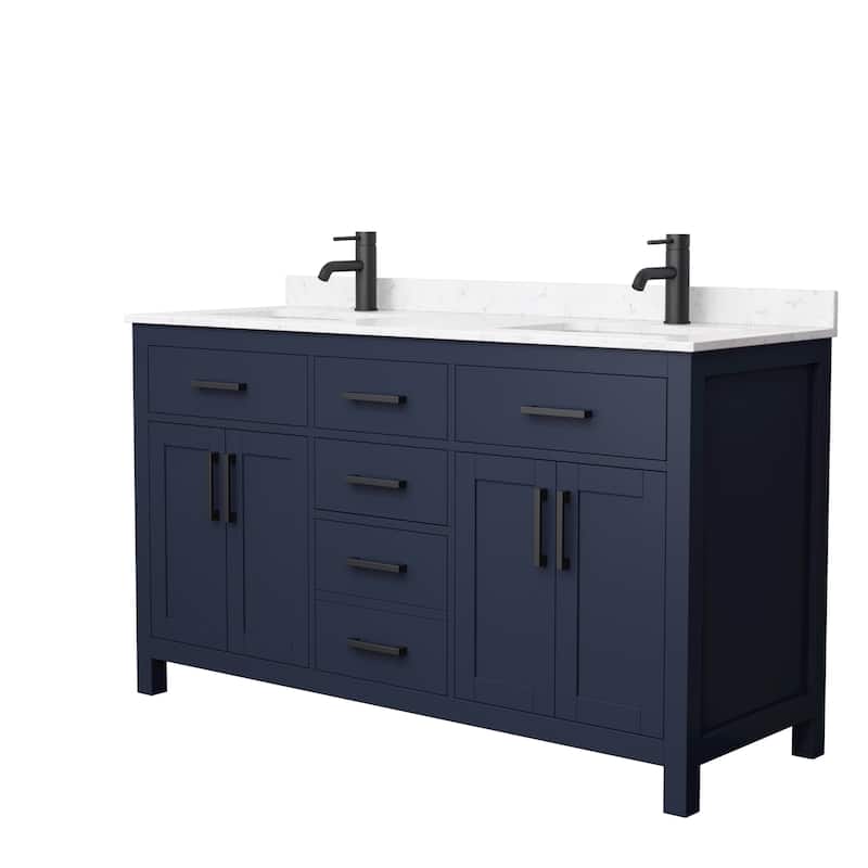 Beckett 60 Inch Double Vanity, Cultured Marble Top - Dark Blue, Black Trim, Carrara Cultured Marble Top