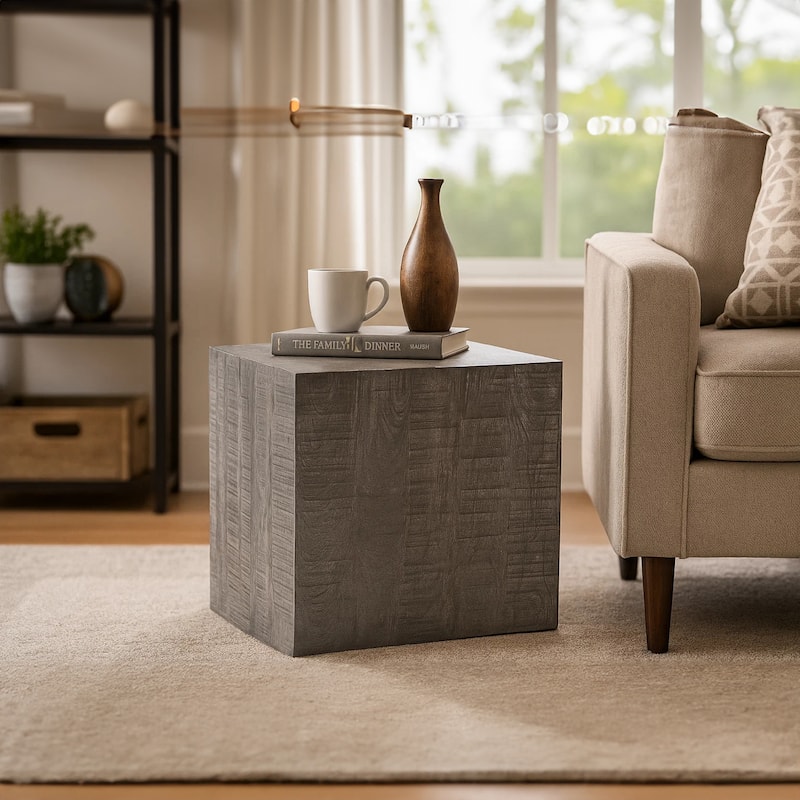 Rydan Side End Table 19 Inch Square Block Top Sandblasted Gray Mango Wood - Gray