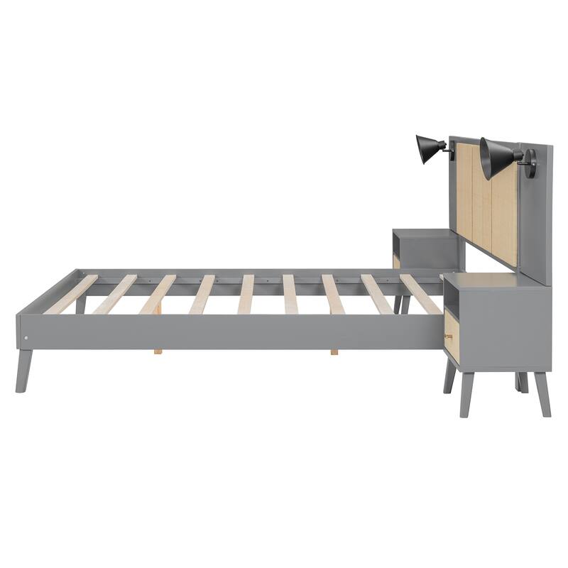 Queen Size Bed Frame, Nightstands & Headboard 3 in 1 Slats Platform Bed with Drawers and Lamps, Rattan Design for Bedroom