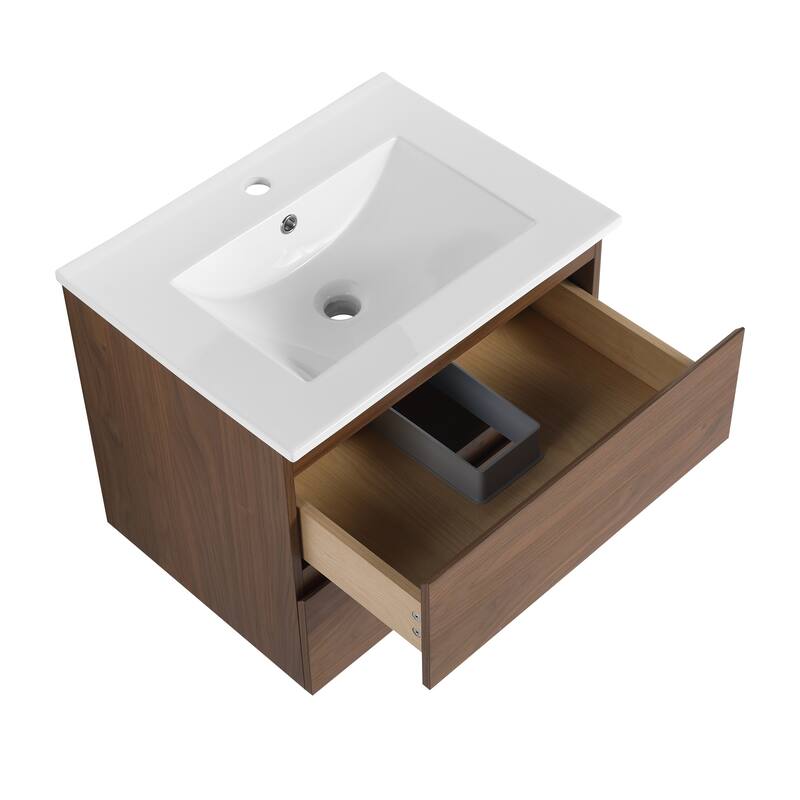 24" Floating Bathroom Vanity with Ceramic Basin, 2 Soft-Close Drawers, Eco-Friendly Plywood Construction