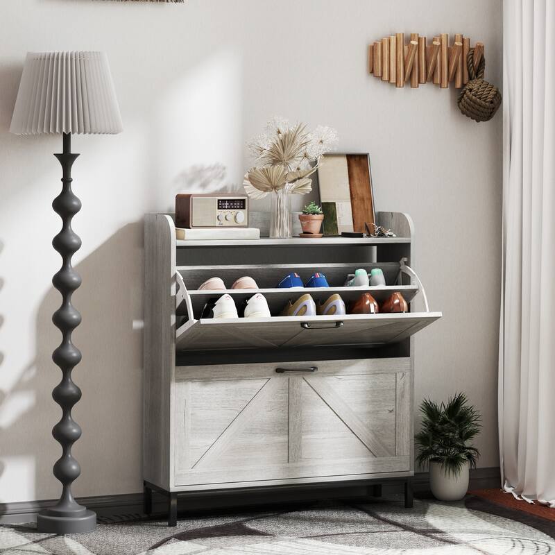12-Pair Space-Saving Shoe Storage Cabinet with Adjustable Dividers and Flip Drawers Anti-Tip - 29.5" W x 9.4" D x 37" H