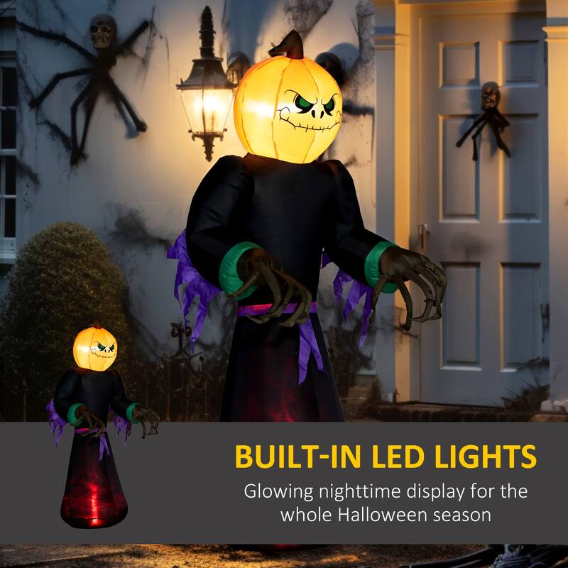 7 ft Inflatable Halloween Reaper with Pumpkin Head LED Lights and Red Flame Effect Waterproof Polyester for Outdoor Decoration
