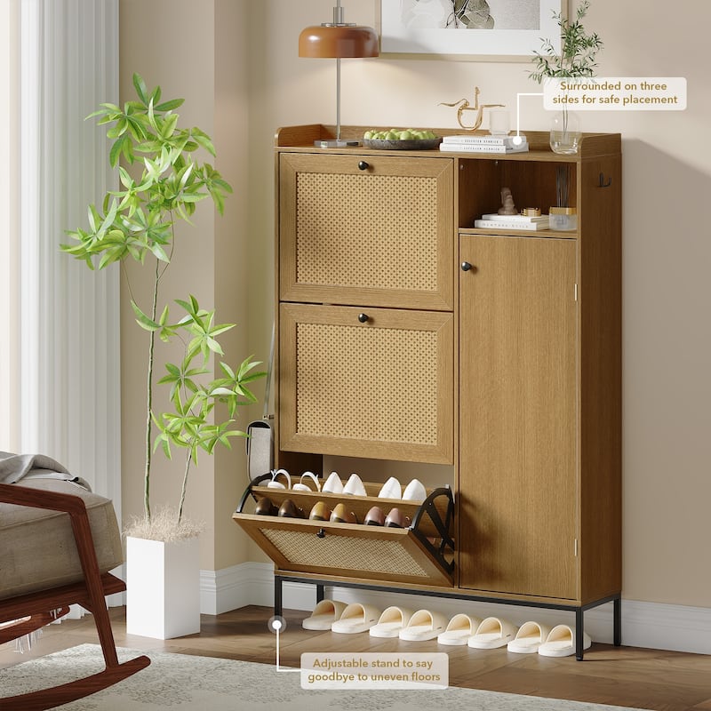 Shoe Cabinet, Natural Rattan Freestanding Shoe Organizer with 3 Flip-out Drawers and 4 Open Shelves Side Cabinet