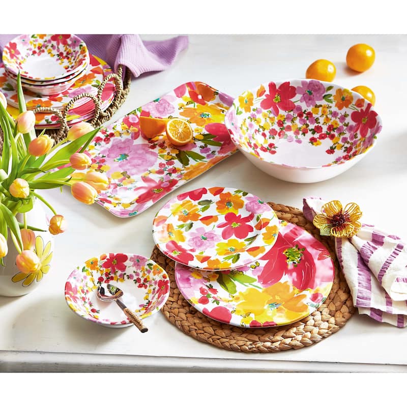 11 in. Springtime Bright Flower Melamine Plastic Dinnerware Plates Set of 4 Dishwasher Safe Round