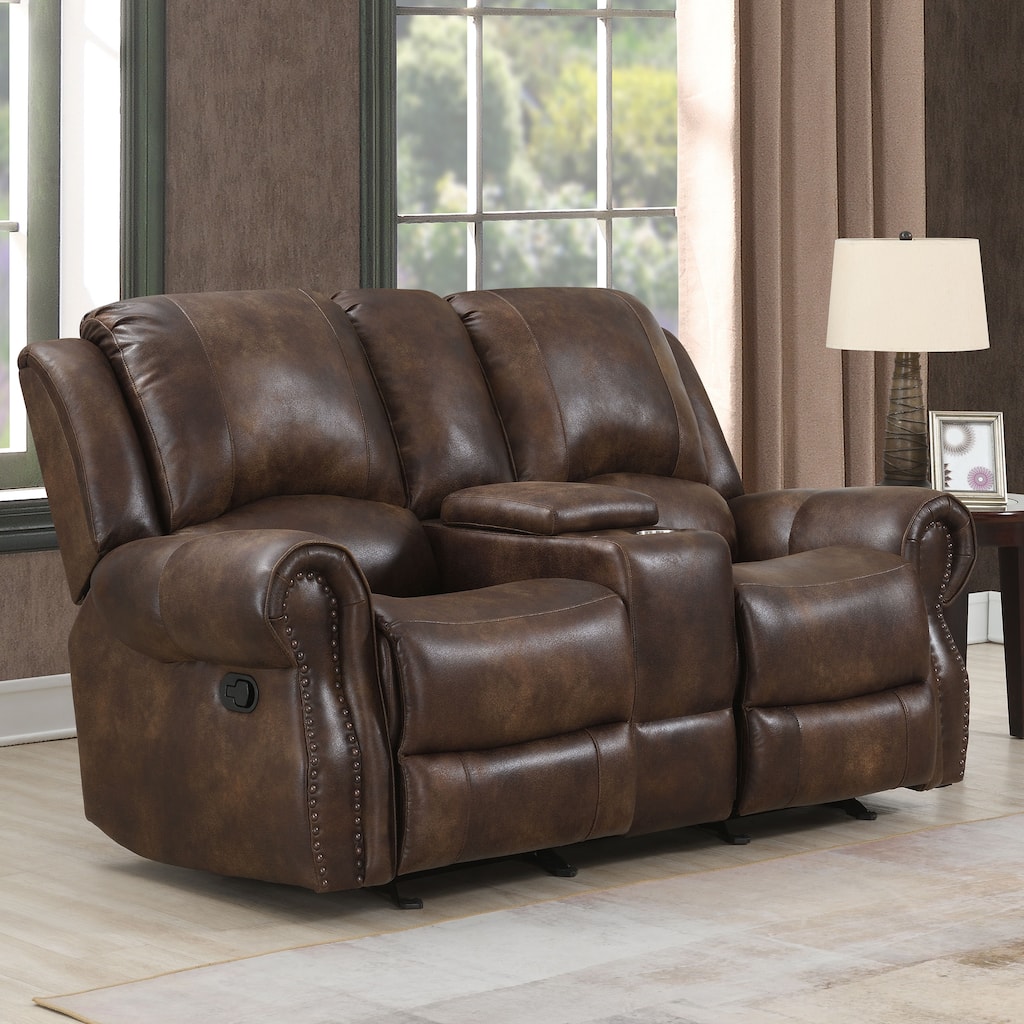 Steve Silver Saddle Brown Faux Leather Manual Reclining Console Loveseat