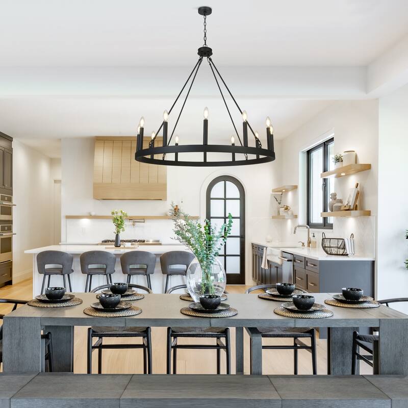 Modern Transitional Black 12-Light Wagon Wheel Chandelier for Living Dining Room - W39.4"*H36.6"