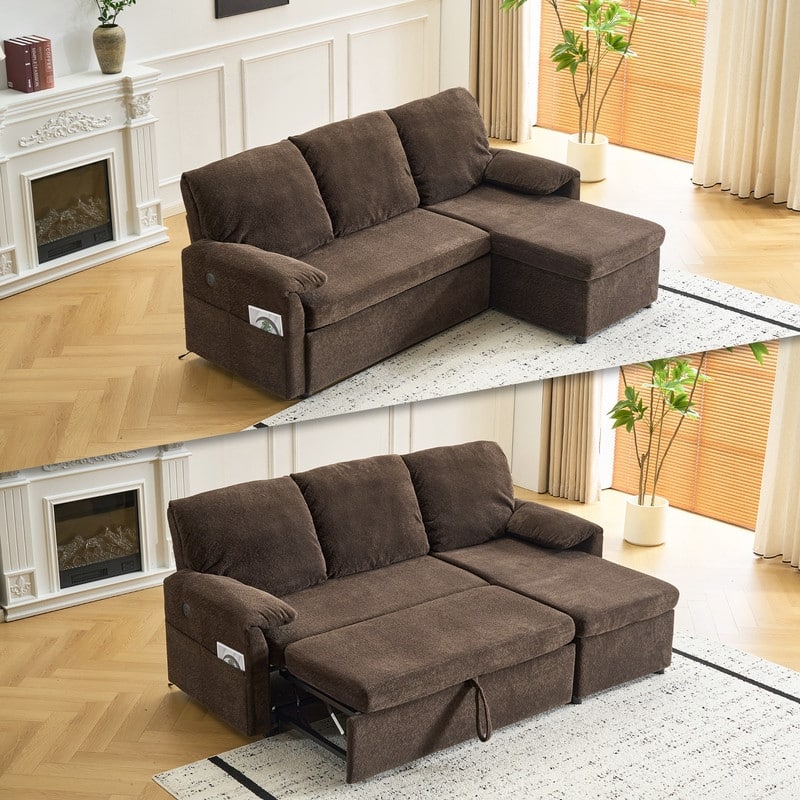 Modern L-Shaped Upholstered Velvet Sleeper Sectional Sofa bed with Chaise and Queen Pull Out Bed - Brown