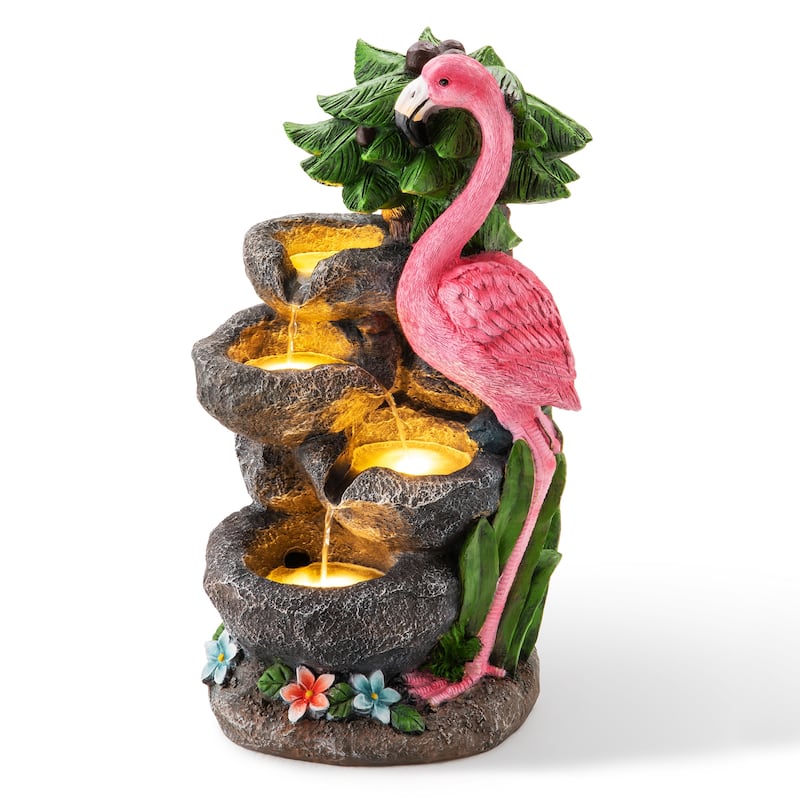 Glitzhome 23.5"H 4-Tiered Flamingo Polyresin Stone Outdoor Fountain with Lights