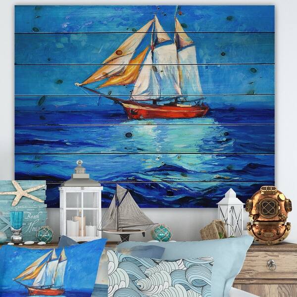 slide 1 of 4, Designart 'Sailboat Arriving In Blue Sky' Traditional Print on Natural Pine Wood