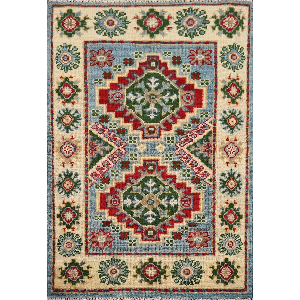 Light Blue Kazak Oriental Accent Rug Hand-Knotted Wool Carpet - 2'1" x 3'0"