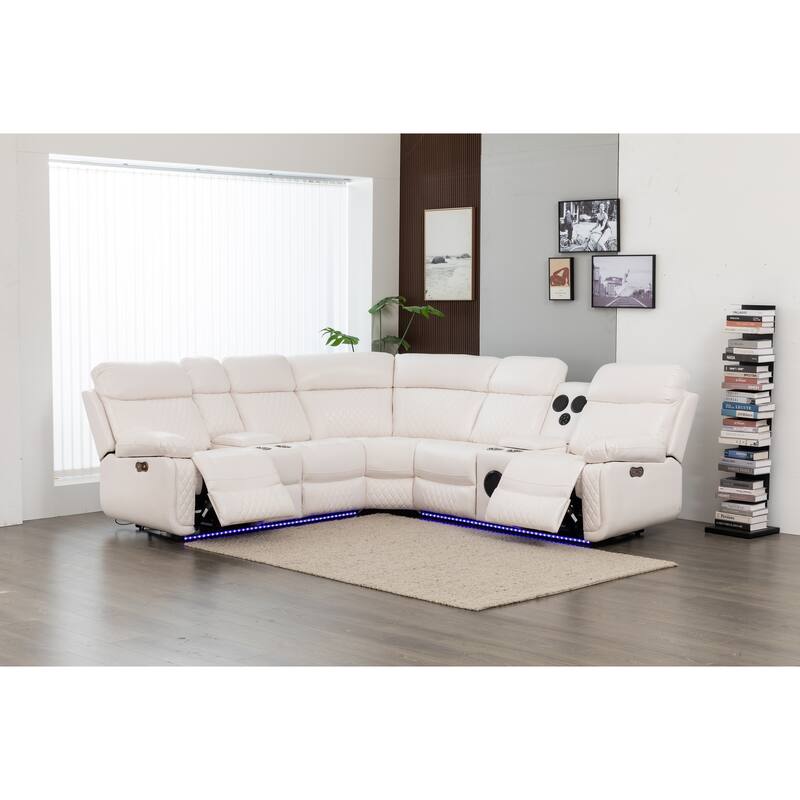 Hathrone 98.5" Wide Vegan Leather Power Reclining Sectional with LED, USB and SubWoofer Sound System