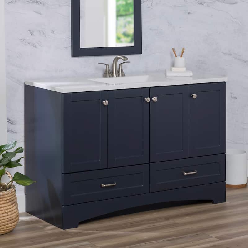 Spring Mill Cabinets Emlyn 48.5" Bathroom Vanity With Shelves, Drawers, and White Sink Top - Deep Blue