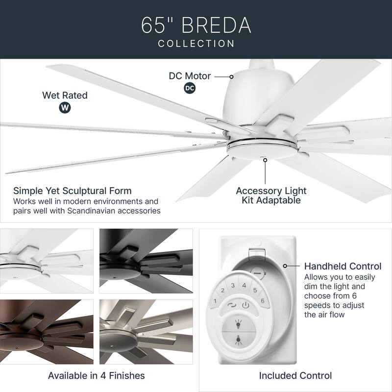 65 Inch Breda 8 Blade Ceiling Fan in Matte White with Matte White Blades