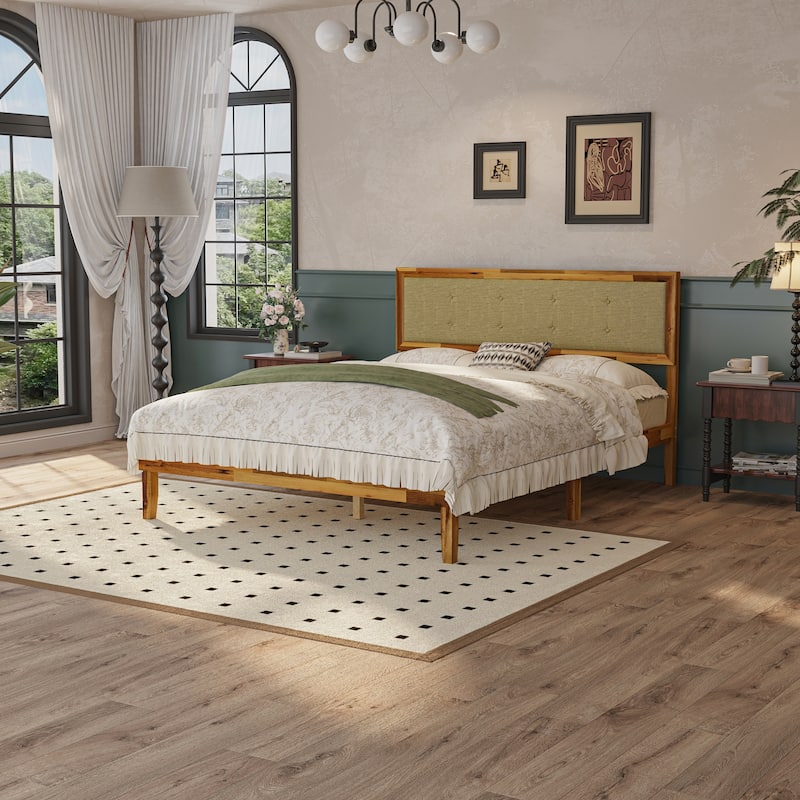 Acacia Wood Platform Bed Frame with Upholstered Headboard - Solid Wood Construction