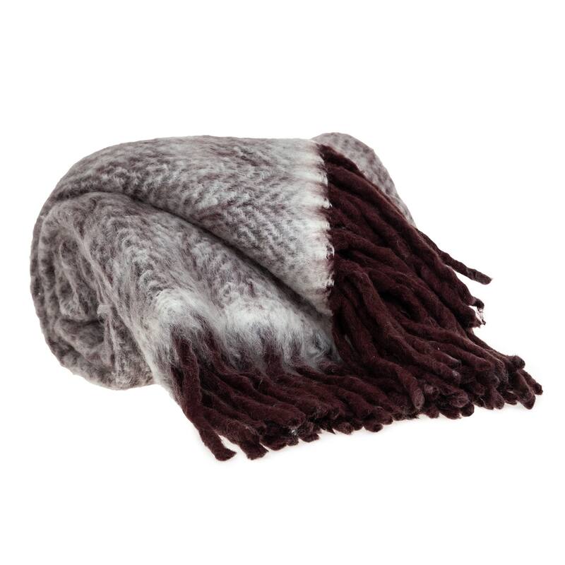 HomeRoots 52" X 67" Dark Purple Woven Wool Blend Chevron Throw Blanket with Fringe