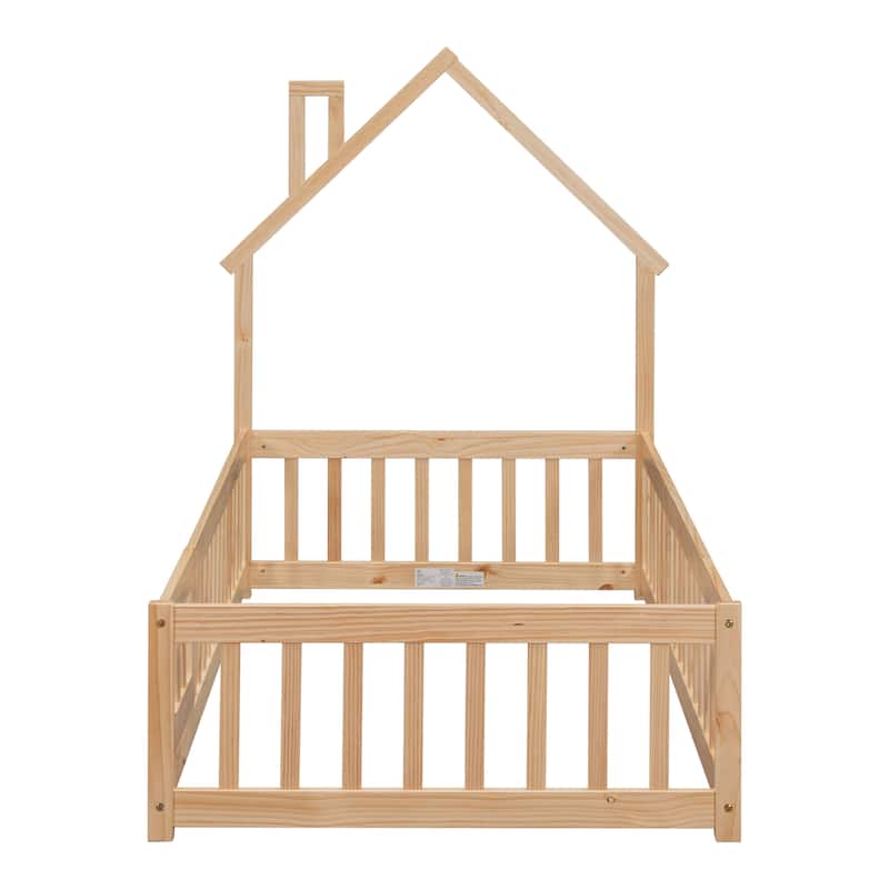 House-Style Twin Floor Bed with Fence, Pine Wood Bed Frame for Kids