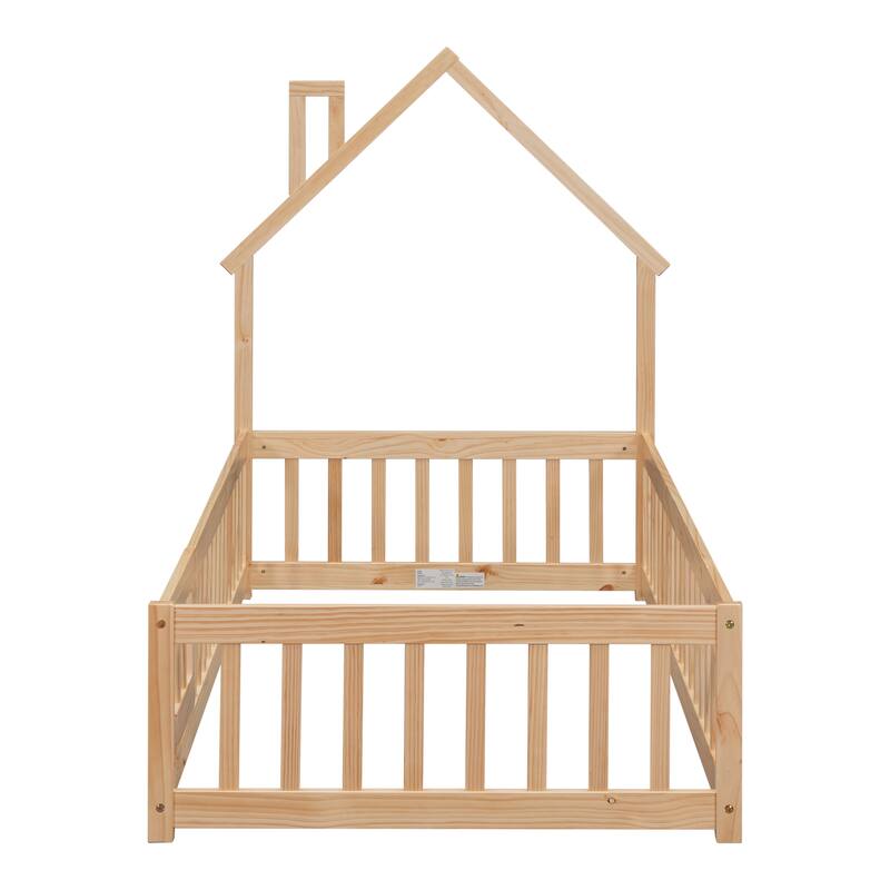 Natural Twin Size Pine House-Shaped Headboard Floor Bed with Fence