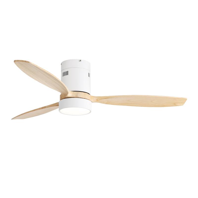 52 Inch Flush Mount Ceiling Fan DC 3 Solid Wood Fan Blade Noiseless Reversible Motor Remote Control With Light - White - White