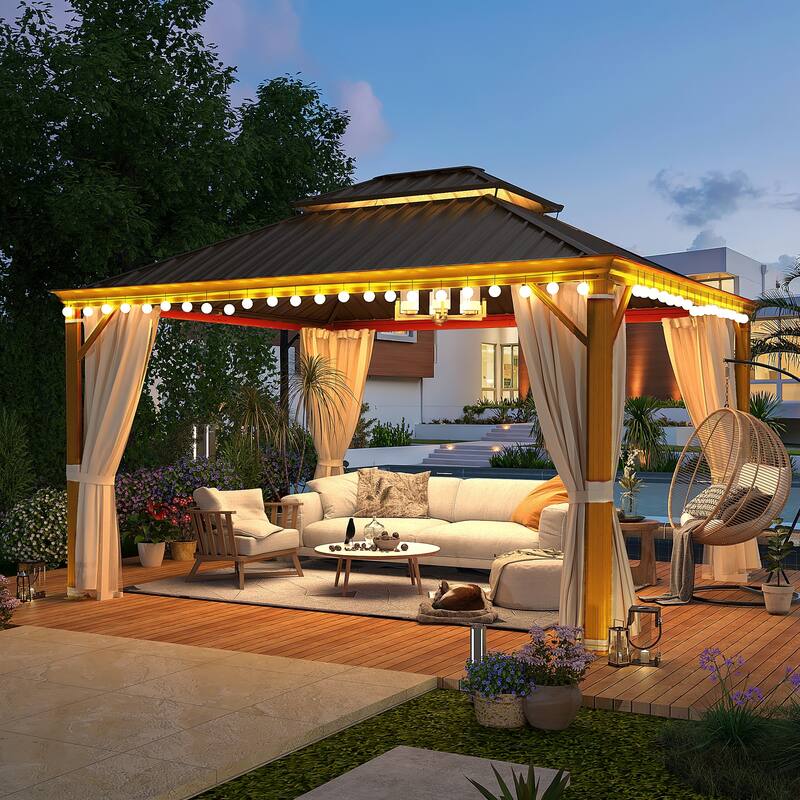 EROMMY Hardtop Gazebo W/Steel Double Roof, Anti-Rust Coating Aluminum Frame Permanent, Hard Top Gazebo for Garden Lawn Parties - 12' x 14' - Wood Grain