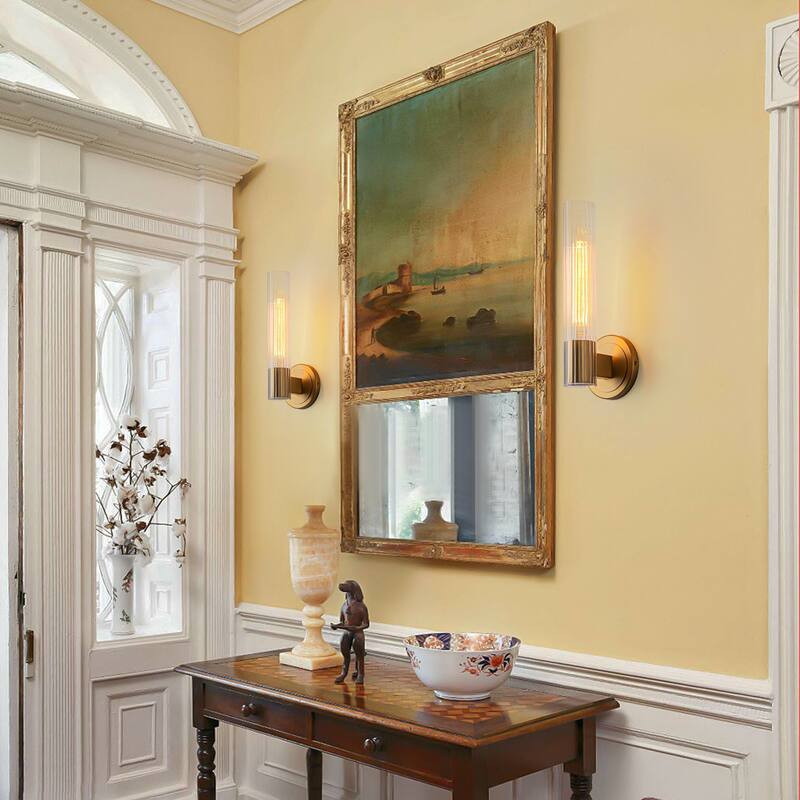 Modern Gold Wall Sconce with Glass Cylinder Shade - Elegant Lighting Fixture for Hallway, Bedroom, or Living Room - W4.3"