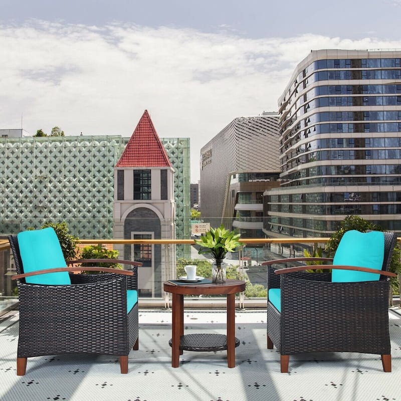 3-Piece Patio Rattan Furniture Set with Solid Wood Frame