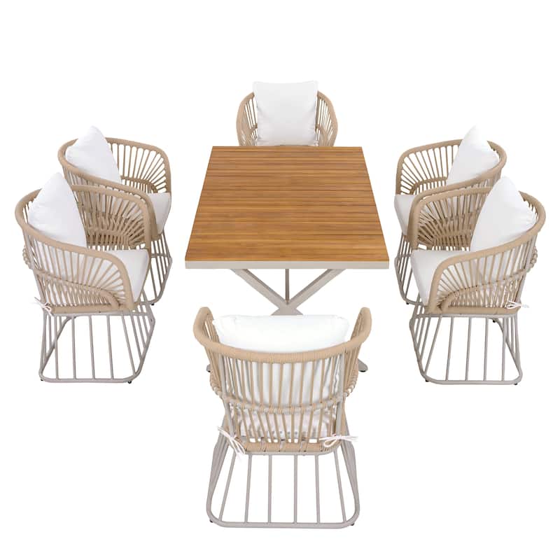 Christopher Knight Home - Outdoor Acacia Wood and Steel Dining Set with Wicker Weave Chairs & 55.12" Rectangular Dining Table