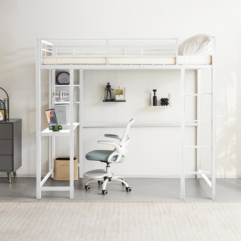 Twin Loft Bed Frame - Metal, Desk, Shelves, Ladders, Guardrails