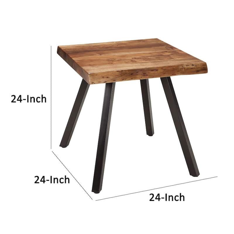 24 Inch Brown Acacia Wood End Table, Live Edges, Angular Black Metal Legs