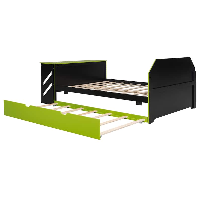 Full Size Daybed with Pull-Out Twin Trundle, Built-In Desk, USB Charging by Harper&Bright Designs