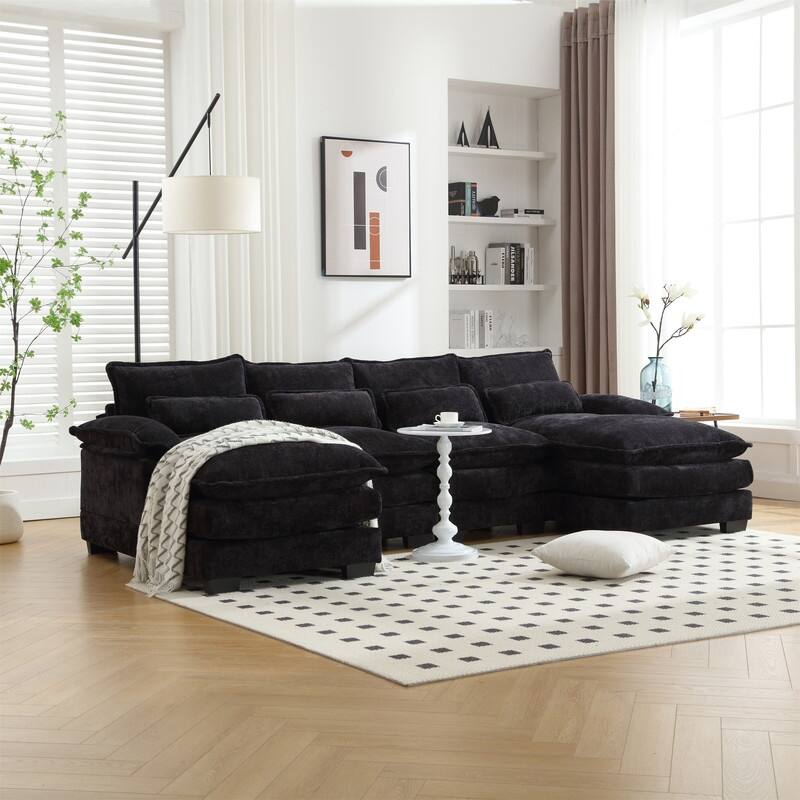 Sectional Sofa Cloud Couch for Living Room, Modern Chenille/Boucle U Shaped Couch, Comfy Modular Sofa Sleeper with Double Chaise - Black-Chenille