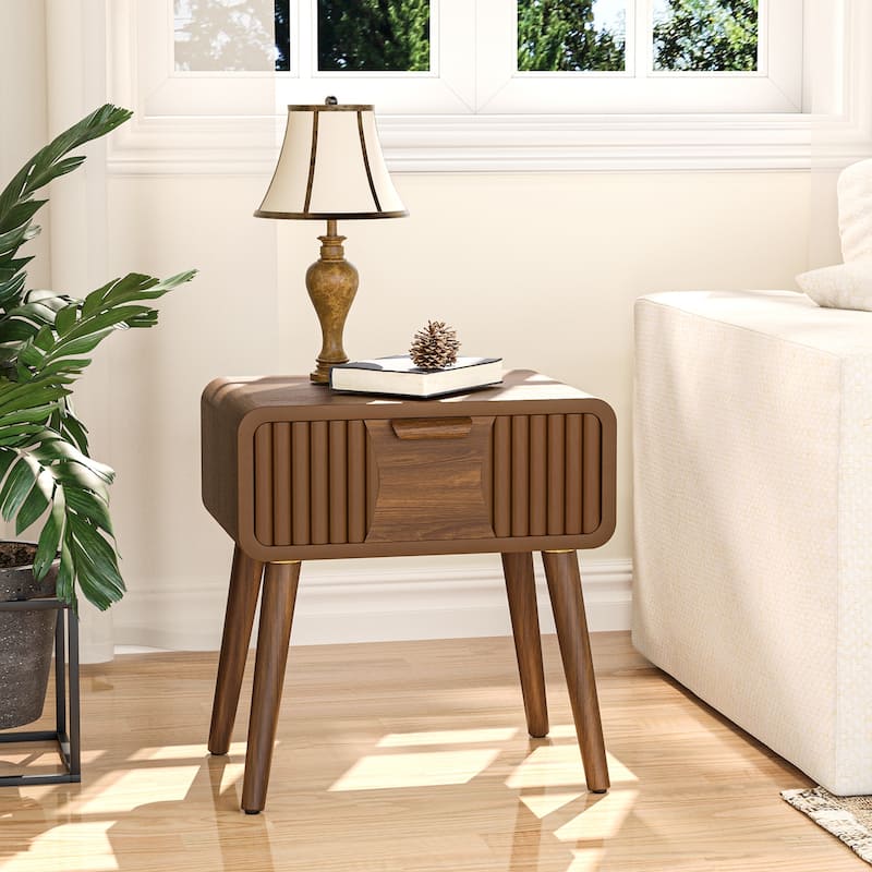 COSIEST Modern Brown End Table with Drawers - Plain and Strip - 1-drawer
